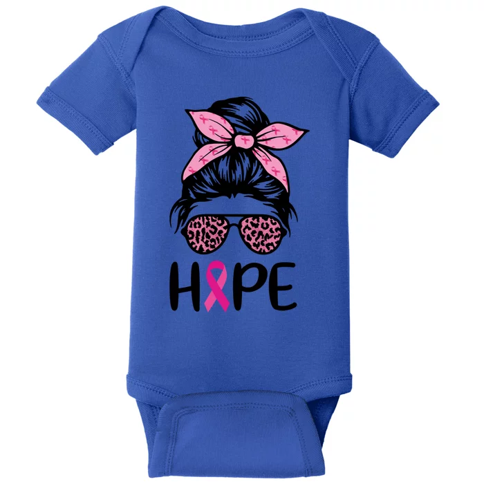 Hope Messy Bun Leopard Pink Ribbon Breast Cancer Awareness Great Gift Baby Bodysuit