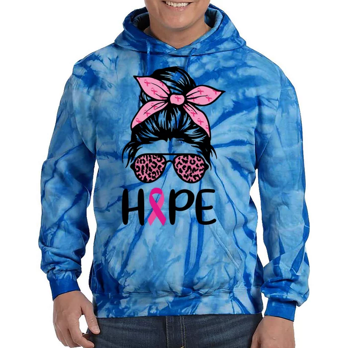 Hope Messy Bun Leopard Pink Ribbon Breast Cancer Awareness Great Gift Tie Dye Hoodie