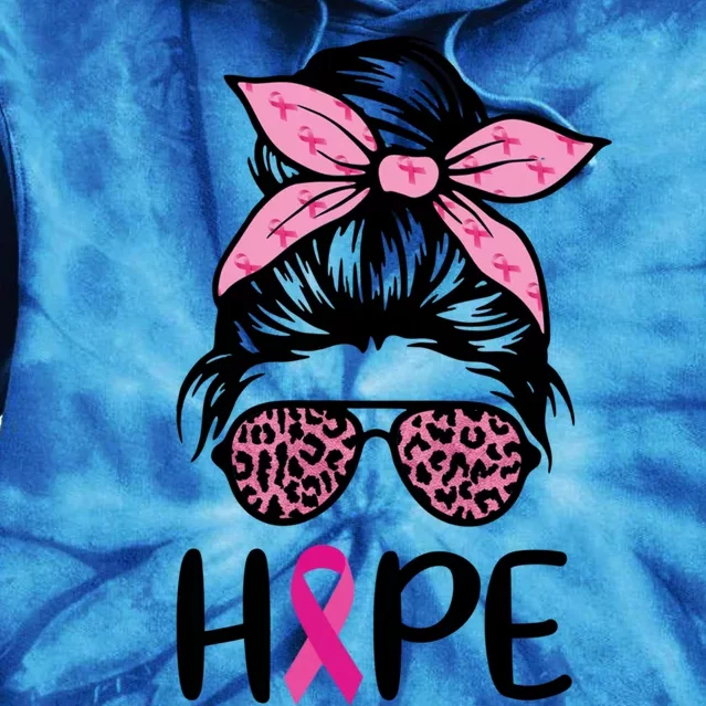 Hope Messy Bun Leopard Pink Ribbon Breast Cancer Awareness Great Gift Tie Dye Hoodie