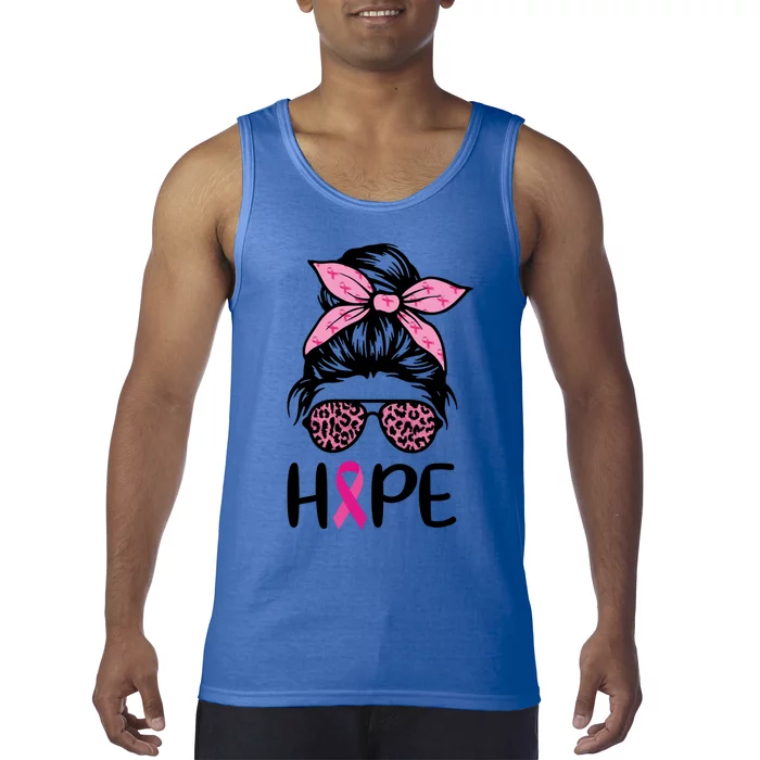 Hope Messy Bun Leopard Pink Ribbon Breast Cancer Awareness Great Gift Tank Top