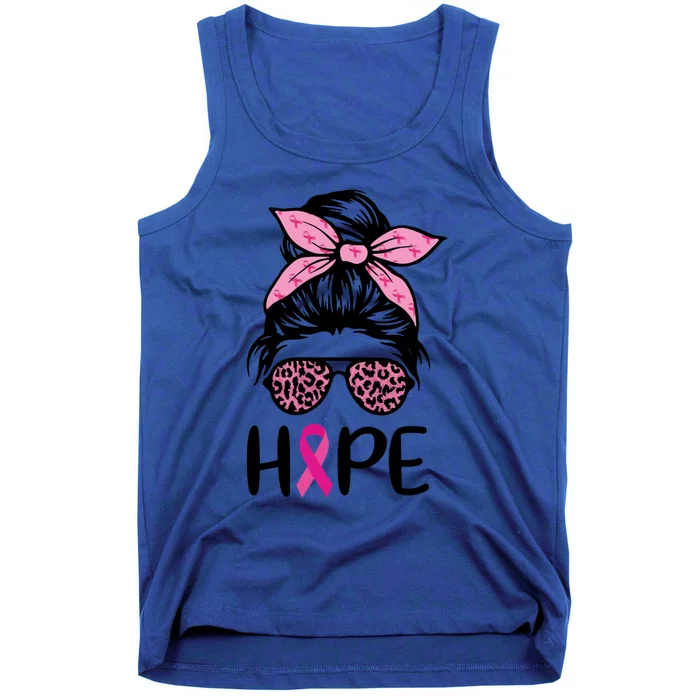 Hope Messy Bun Leopard Pink Ribbon Breast Cancer Awareness Great Gift Tank Top