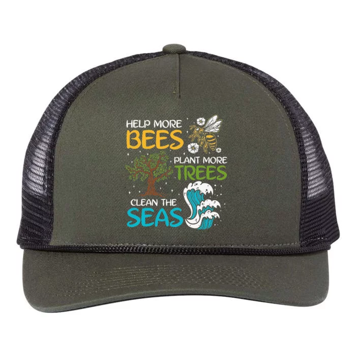 Help More Bees Plant More Trees Clean The Seas Retro Rope Trucker Hat Cap