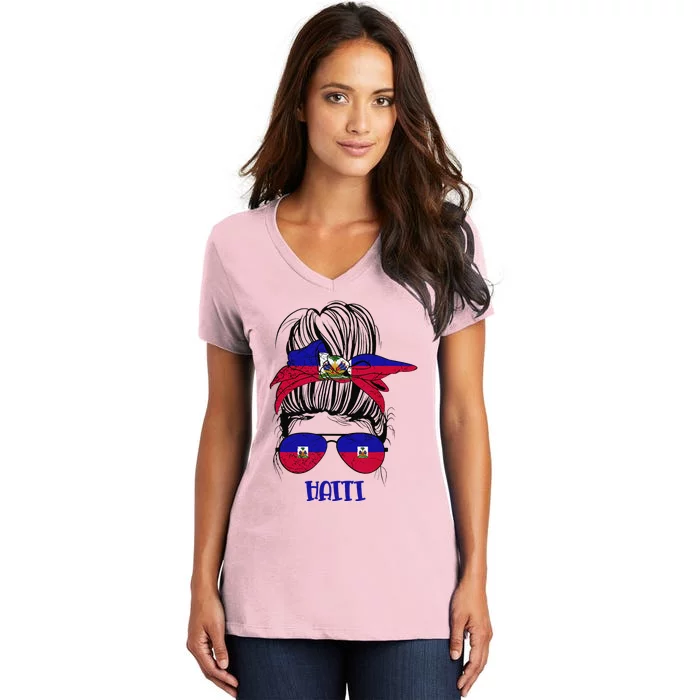 Haitian Messy Bun Haiti Haiti woman flag Proud Women's V-Neck T-Shirt