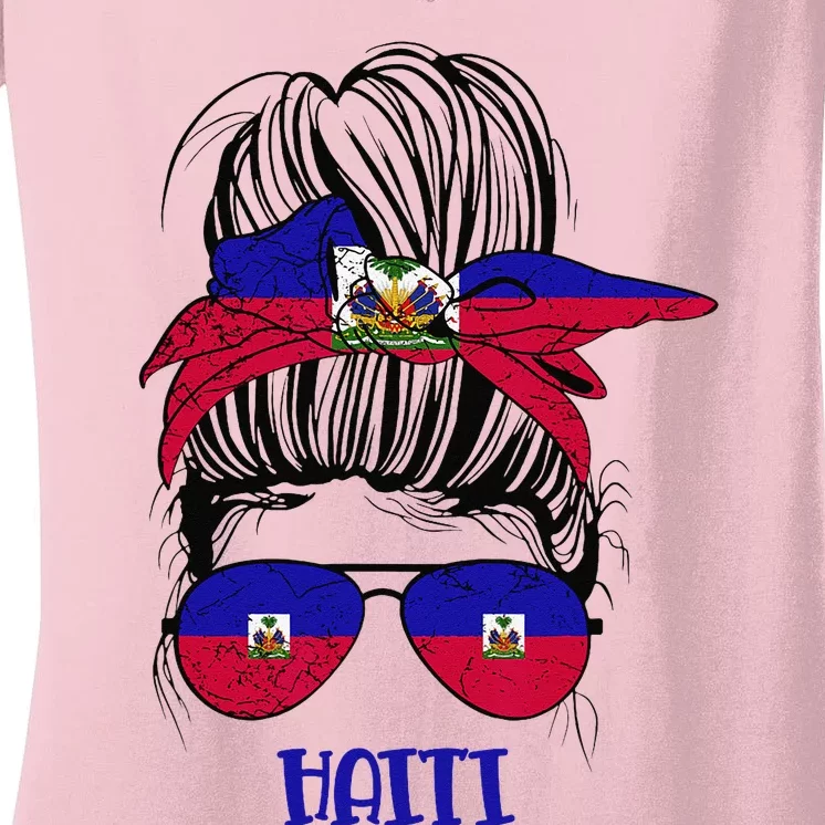 Haitian Messy Bun Haiti Haiti woman flag Proud Women's V-Neck T-Shirt