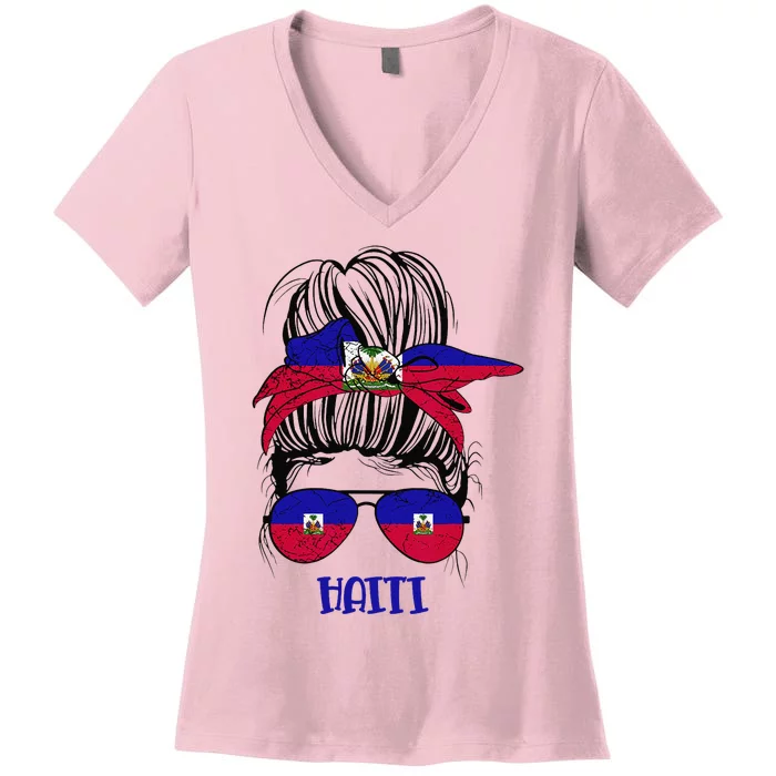 Haitian Messy Bun Haiti Haiti woman flag Proud Women's V-Neck T-Shirt