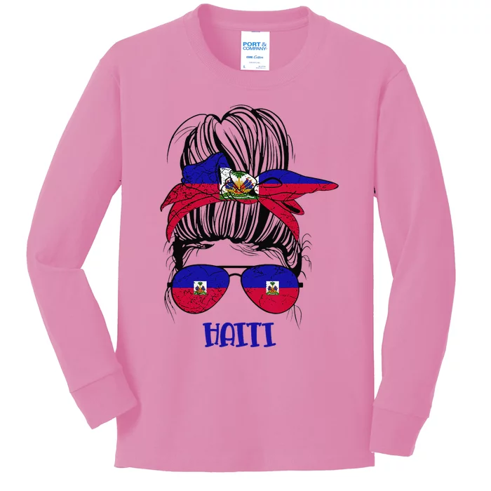 Haitian Messy Bun Haiti Haiti woman flag Proud Kids Long Sleeve Shirt