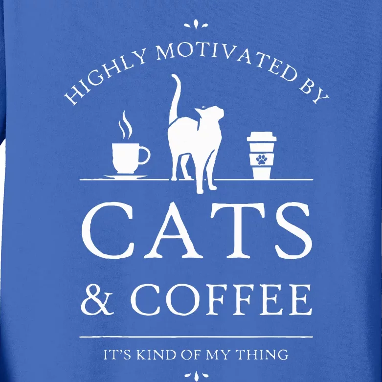 Highly Motivated By Cats And Coffee Kids Long Sleeve Shirt