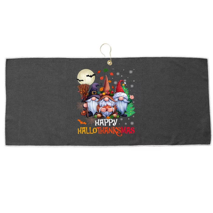 Halloween Merry Christmas Happy Hallothanksmas Gnomes Lover Gift Large Microfiber Waffle Golf Towel