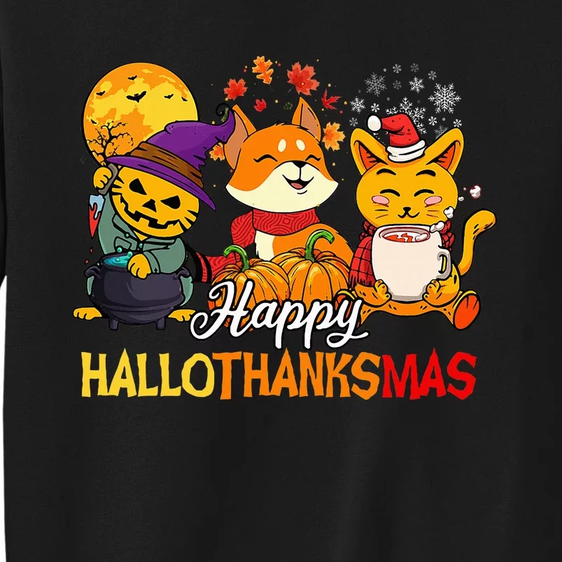 Halloween Merry Christmas Cat And Fox Happy Hallothanksmas Tall Sweatshirt