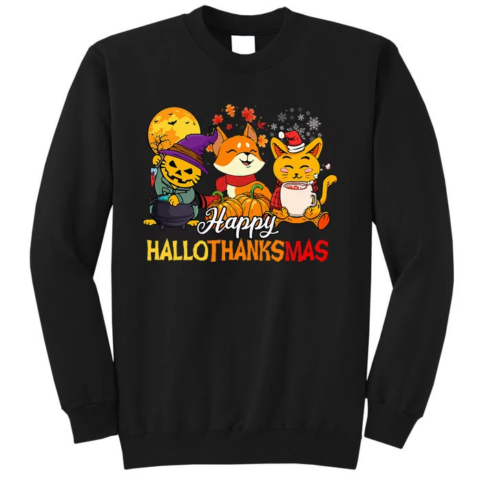 Halloween Merry Christmas Cat And Fox Happy Hallothanksmas Tall Sweatshirt