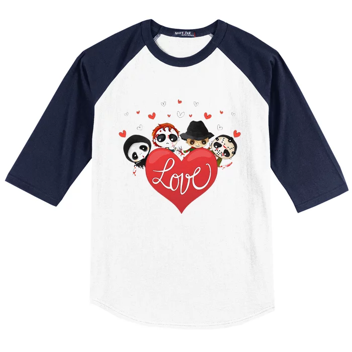 Horror Movie Character Chibi With Heart Love Valentine'S Day Love Love Baseball Sleeve Shirt