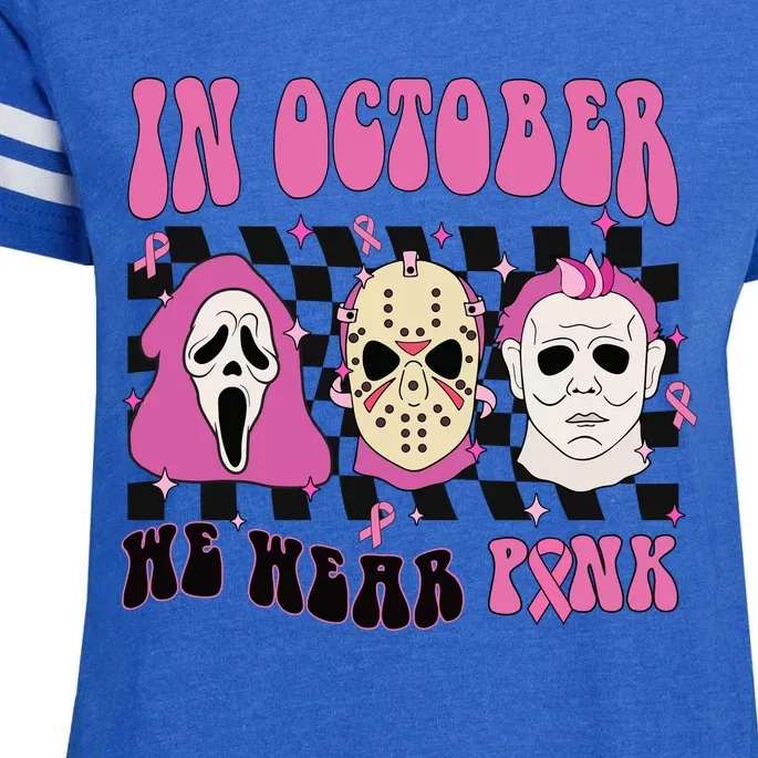 Horror Movie Characters In October We Wear Pink For Breast Cancer Awareness Enza Ladies Jersey Football T-Shirt