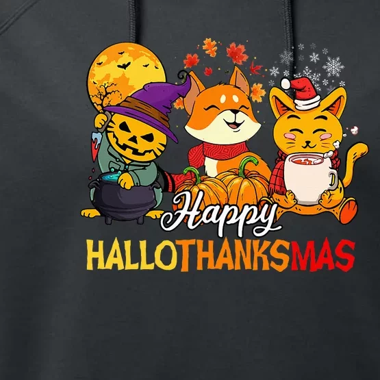 Halloween Merry Christmas Cat And Fox Happy Hallothanksmas Performance Fleece Hoodie