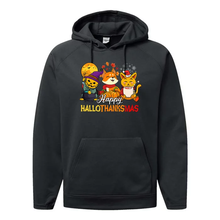 Halloween Merry Christmas Cat And Fox Happy Hallothanksmas Performance Fleece Hoodie