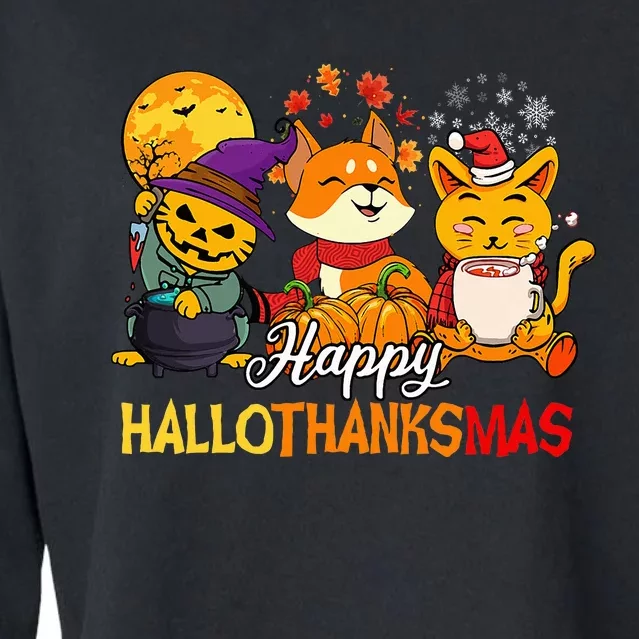 Halloween Merry Christmas Cat And Fox Happy Hallothanksmas Cropped Pullover Crew