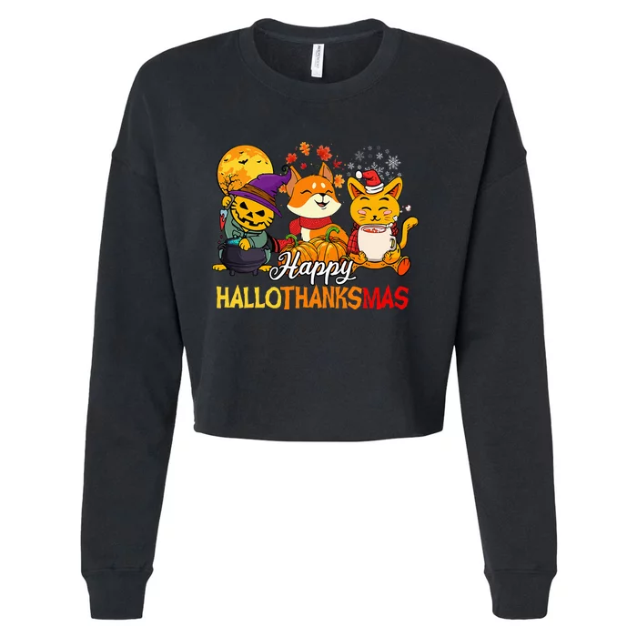 Halloween Merry Christmas Cat And Fox Happy Hallothanksmas Cropped Pullover Crew