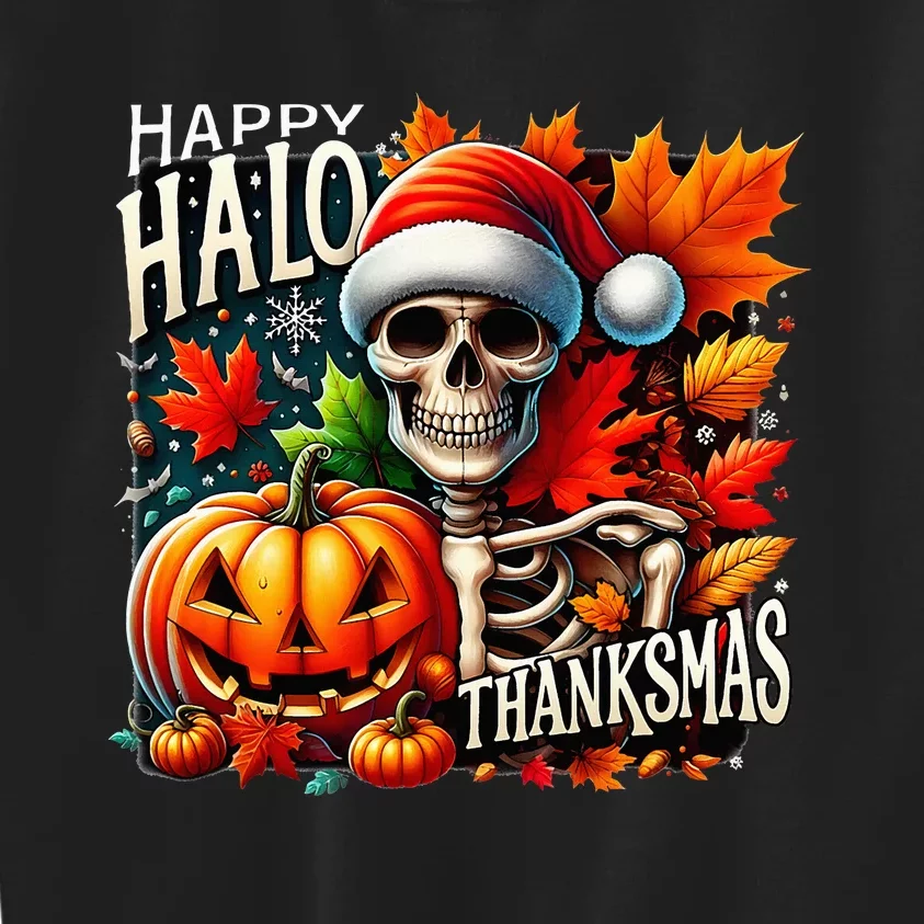 Halloween Merry Christmas Happy Hallothanksmas Skeleton Kids Sweatshirt