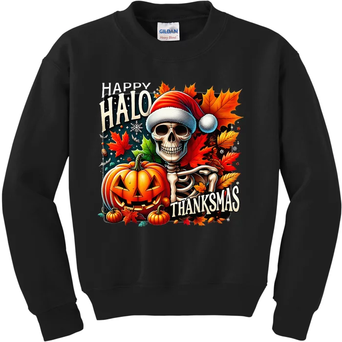 Halloween Merry Christmas Happy Hallothanksmas Skeleton Kids Sweatshirt