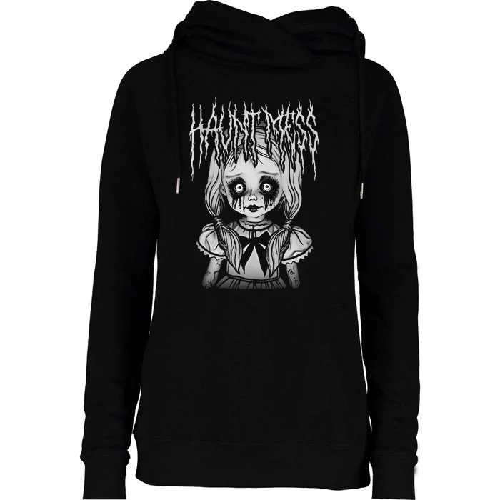 Haunt Mess Creepy Haunted Doll Illustration Womens Funnel Neck Pullover Hood