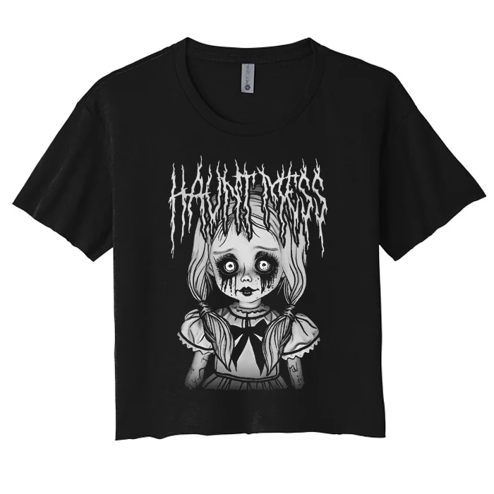 Haunt Mess Creepy Haunted Doll Illustration Women's Crop Top Tee