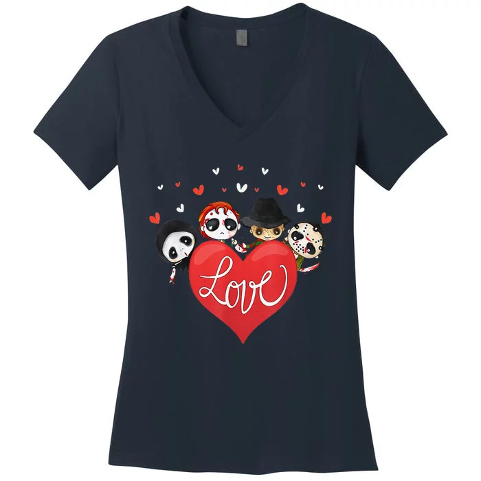 Horror Movie Character Chibi With Heart Love Valentine'S Day Women's V-Neck T-Shirt