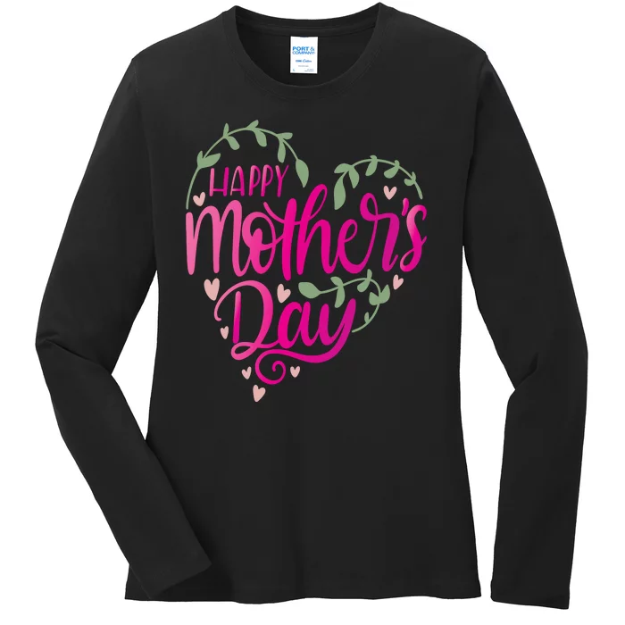 Happy Mother's Day Heart Flower Ladies Long Sleeve Shirt