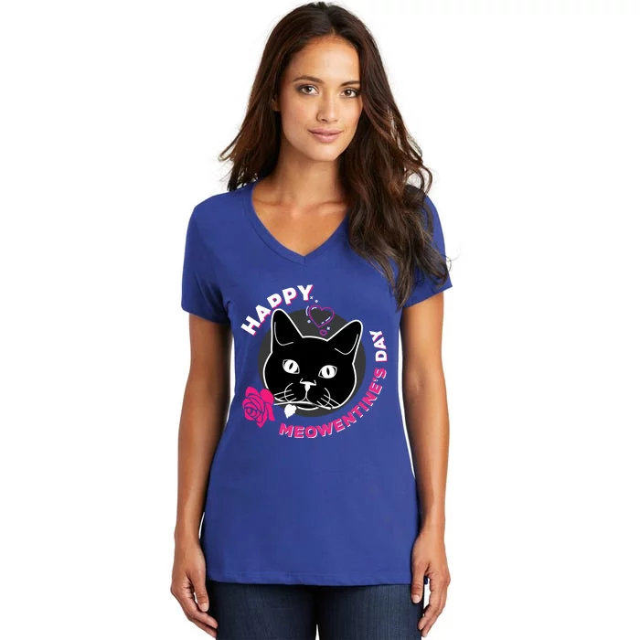 Happy Meowentine's Day Funny Cat Valentine's Day Gift Women's V-Neck T-Shirt