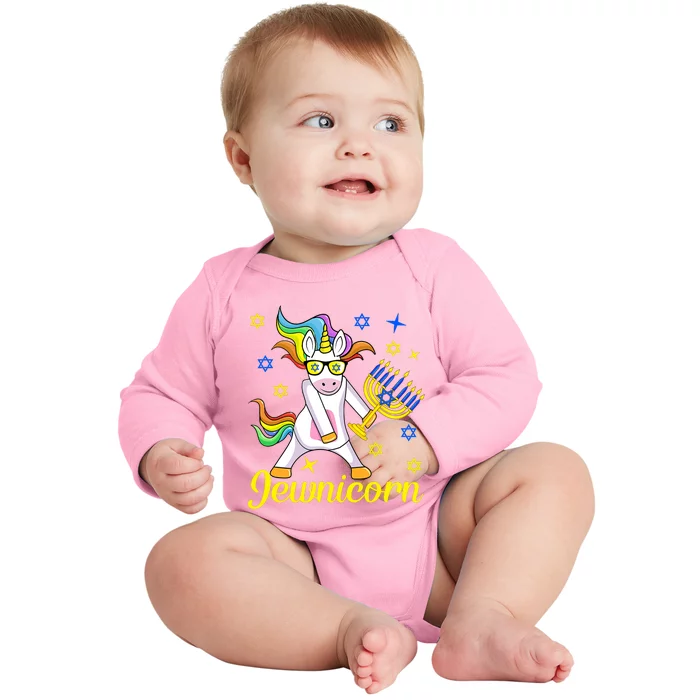 Hanukkah Menorah Dabbing Unicorn Funny Chanukah Jewish Gift Baby Long Sleeve Bodysuit