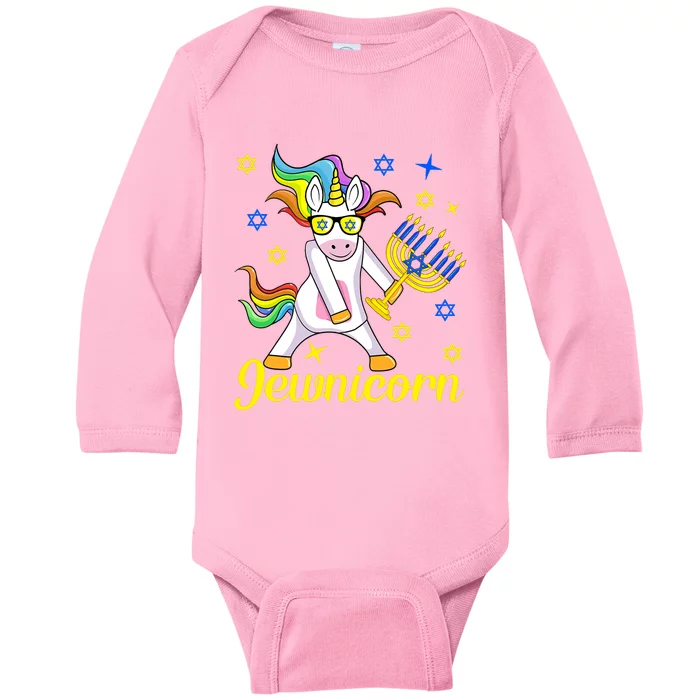 Hanukkah Menorah Dabbing Unicorn Funny Chanukah Jewish Gift Baby Long Sleeve Bodysuit