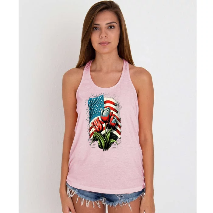 Happy Memorial Day Tulips Flower American Flag 4th Of July Cool Gift Women's Knotted Racerback Tank