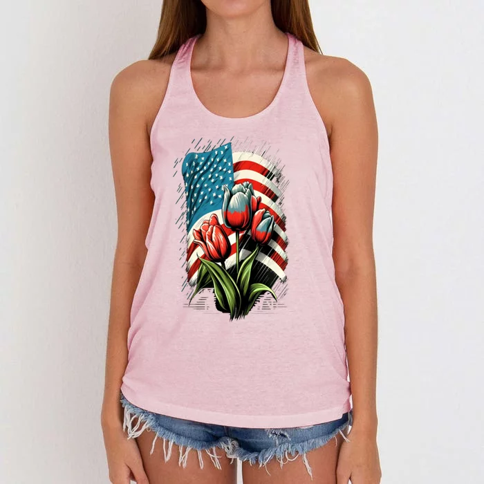 Happy Memorial Day Tulips Flower American Flag 4th Of July Cool Gift Women's Knotted Racerback Tank