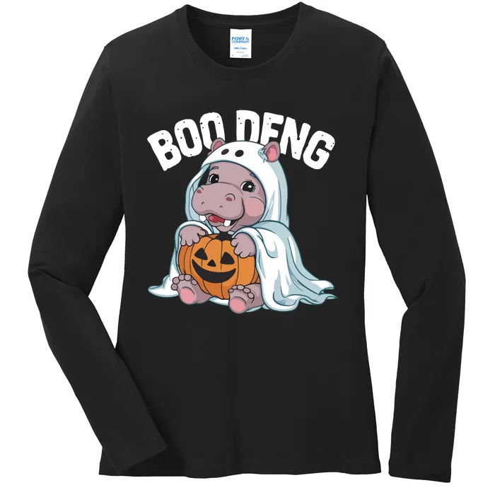 Halloween Moo Deng Baby Hippo Boo Deng Ladies Long Sleeve Shirt