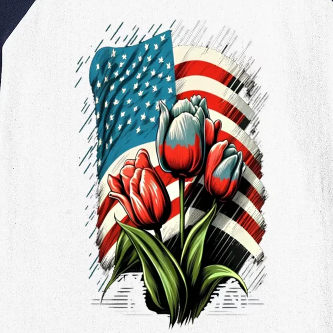 Happy Memorial Day Tulips Flower American Flag 4th Of July Cute Gift Baseball Sleeve Shirt