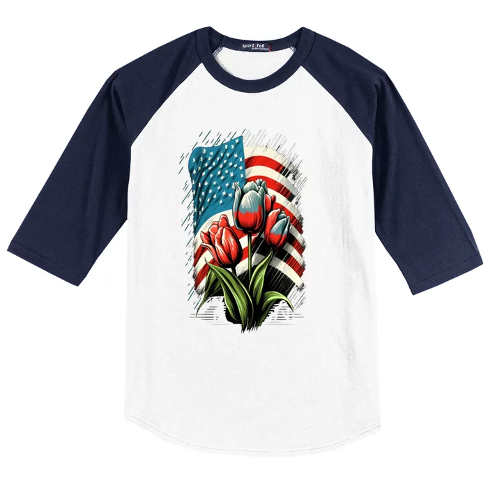 Happy Memorial Day Tulips Flower American Flag 4th Of July Cute Gift Baseball Sleeve Shirt