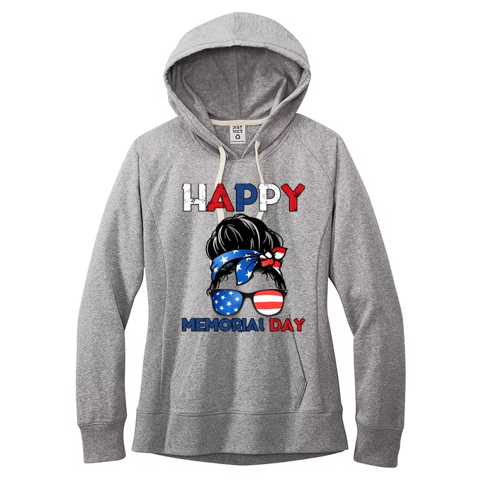 Happy Memorial Day 4th Of July Messy Bun American Flag Women's Fleece Hoodie