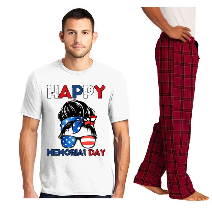 Happy Memorial Day 4th Of July Messy Bun American Flag Pajama Set