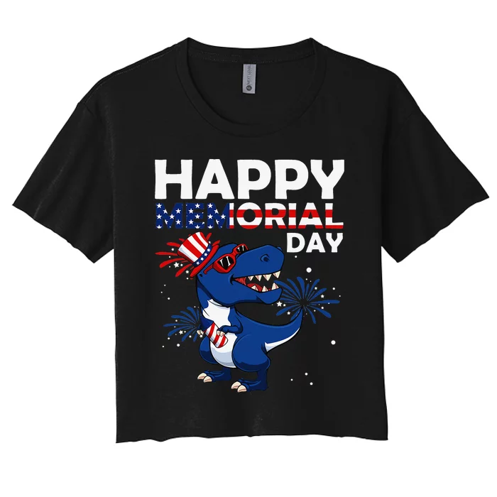 Happy Memorial Day 4th Of July Dinosaur American Flag Hat Women's Crop Top Tee