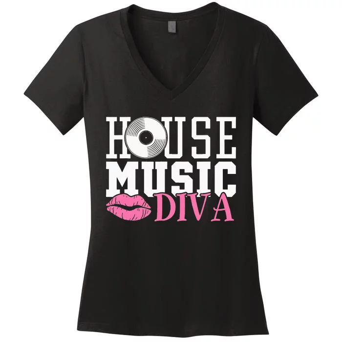 House Music Diva DJ EDM Rave Music Festival Women's V-Neck T-Shirt