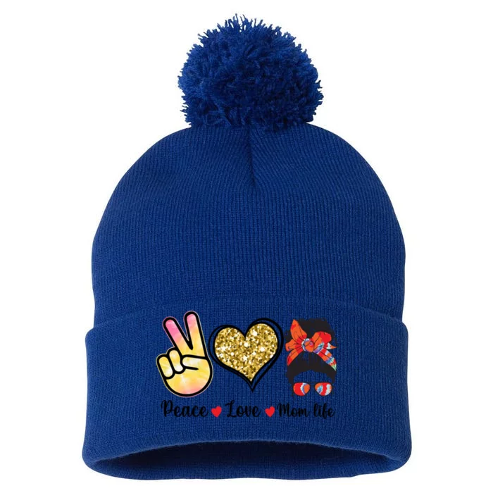 Happy Mother's Day Peace Love Moms Life Funny Gift Pom Pom 12in Knit Beanie