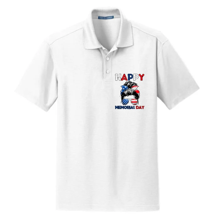 Happy Memorial Day 4th Of July Messy Bun American Flag Dry Zone Grid Performance Polo