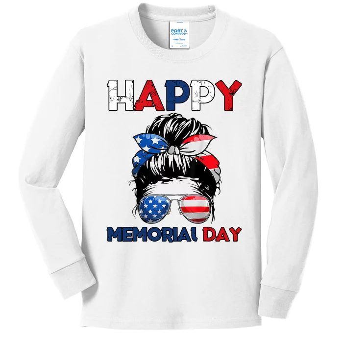 Happy Memorial Day 4th Of July Messy Bun American Flag Kids Long Sleeve Shirt