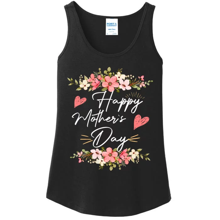 Happy Mothers Day With Floral Mom Mommy Grandma Ladies Essential Tank