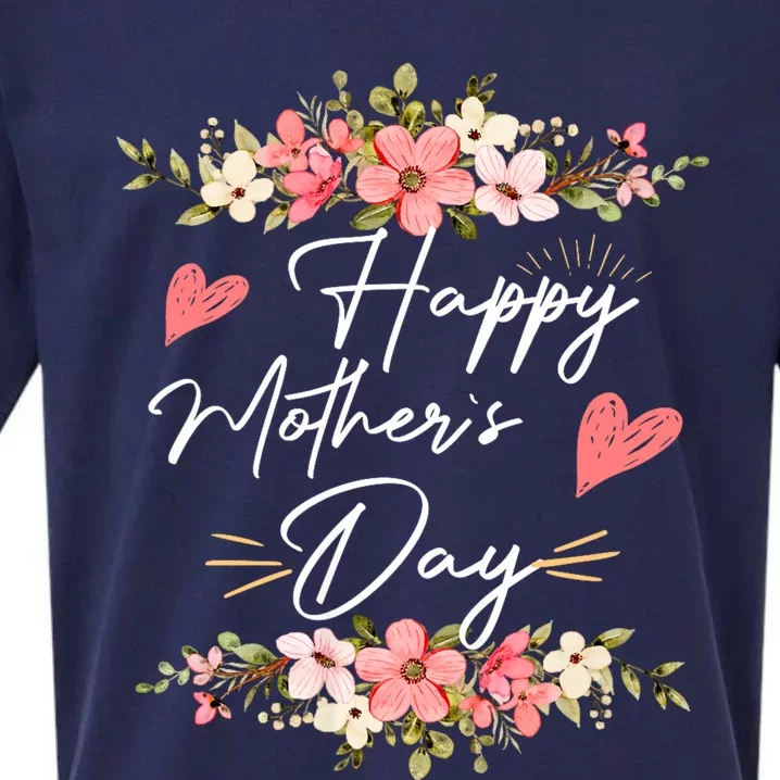 Happy Mothers Day With Floral Mom Mommy Grandma Sueded Cloud Jersey T-Shirt