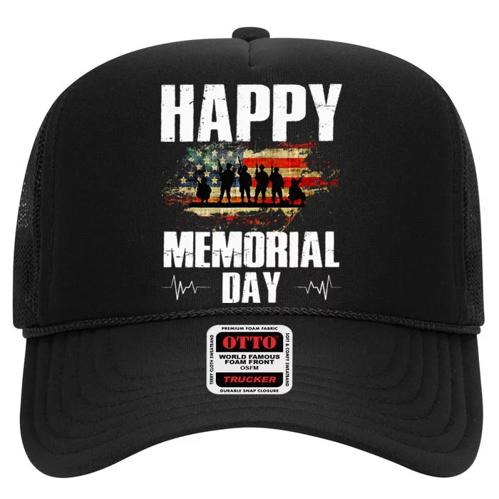 Happy Memorial Day USA Flag American Patriotic Armed Forces High Crown Mesh Trucker Hat