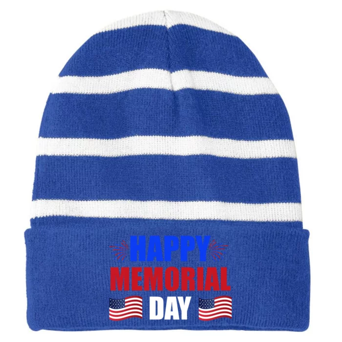 Happy Memorial Day Usa Flag Patriotic Independence Day Meaningful Gift Striped Beanie with Solid Band