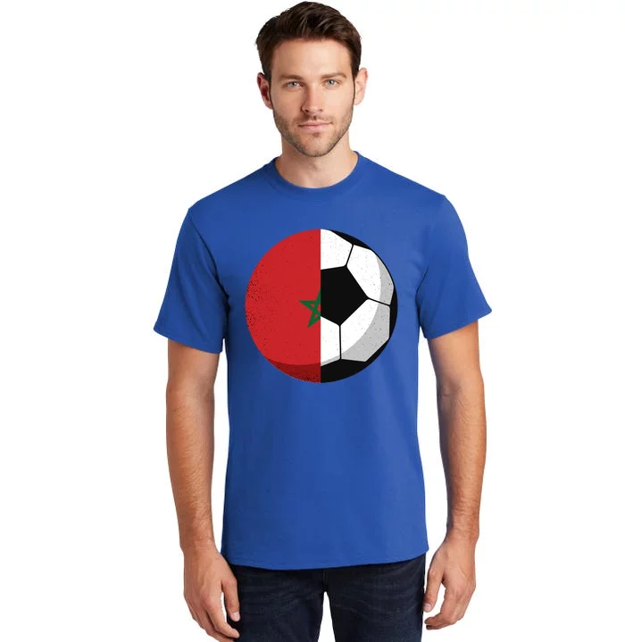 Half Morocco Flag Half Football Moroccan Soccer Fan Cute Gift Tall T-Shirt