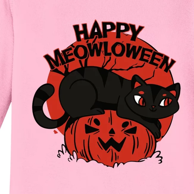 Happy Meowlowee Funny Black Cat Halloween Spooky Baby Long Sleeve Bodysuit