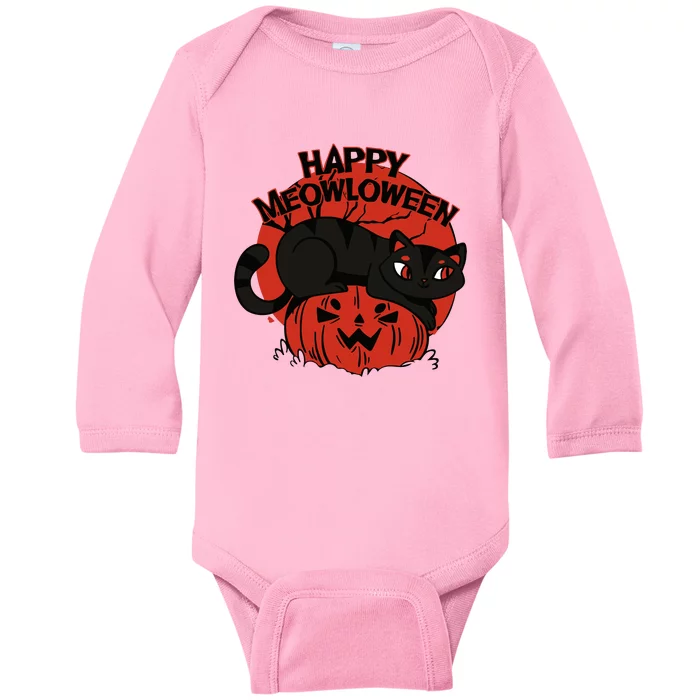 Happy Meowlowee Funny Black Cat Halloween Spooky Baby Long Sleeve Bodysuit