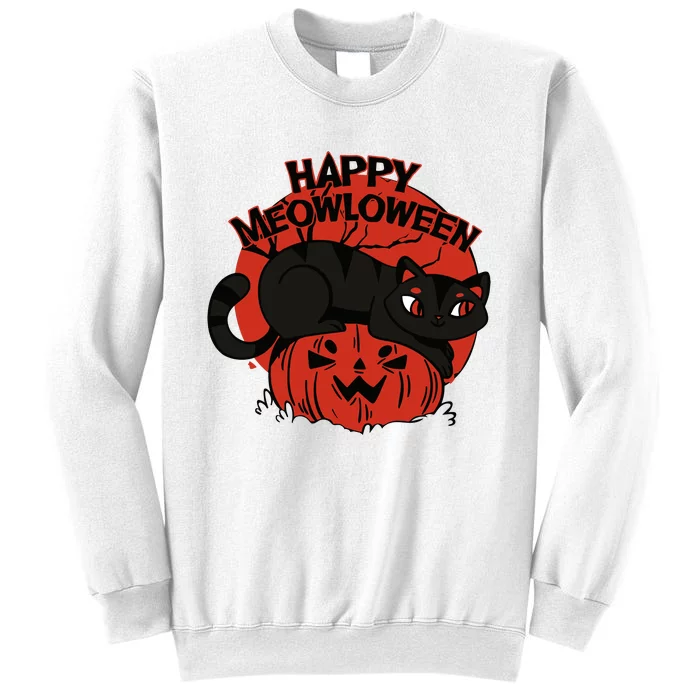 Happy Meowlowee Funny Black Cat Halloween Spooky Sweatshirt