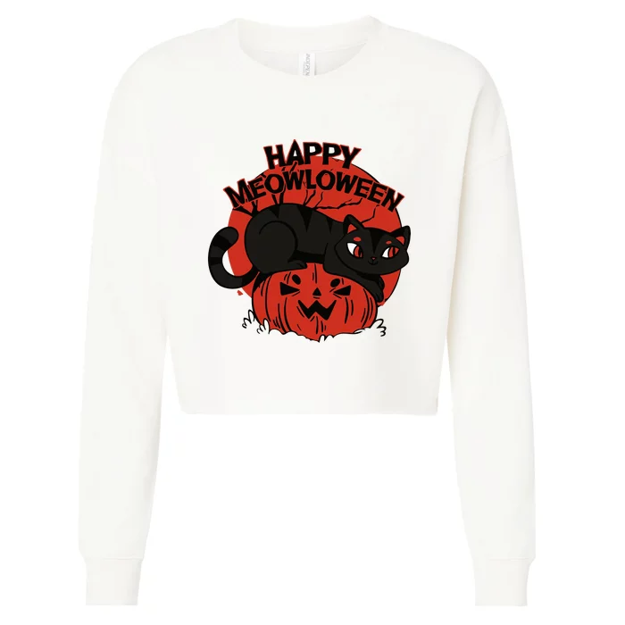 Happy Meowlowee Funny Black Cat Halloween Spooky Cropped Pullover Crew